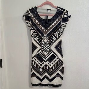 VENUS Black and White Sheath Mini Dress with Cap Sleeves for Cocktail